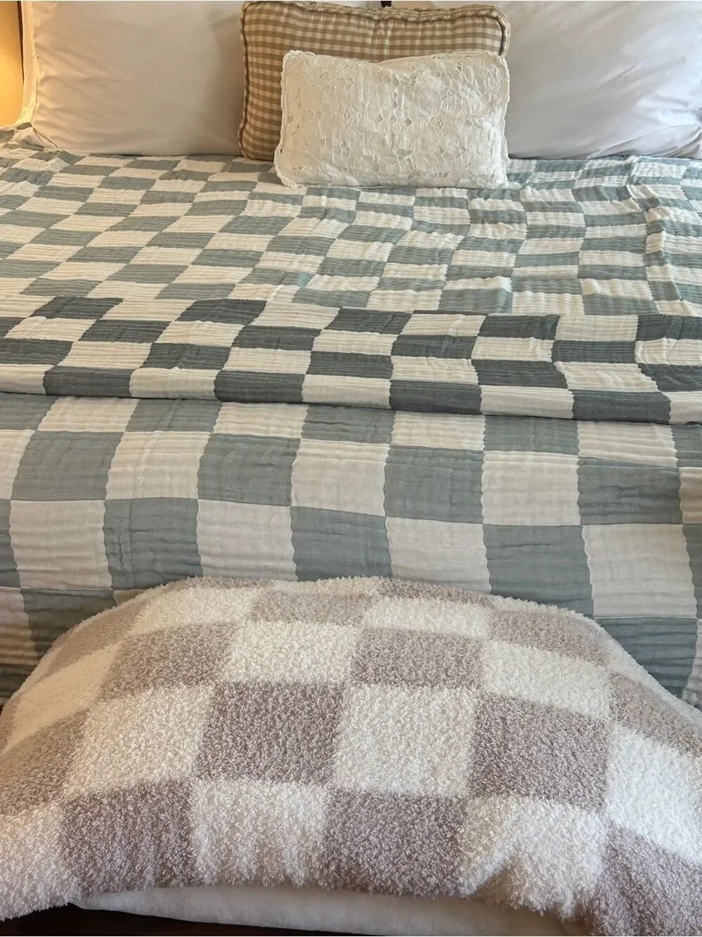 Dark Teal Gray Check Throw Blanket Cotton Bamboo Blend Patchwork Quilt Style NEW